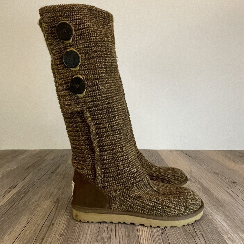 UGG Boots Womens 9 Cardy Knit Crochet Button Tall Fold Over 5819 Brown Caramel